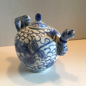 Porcelain Chinese Dragon Teapot Traditional White and Cobalt Blue