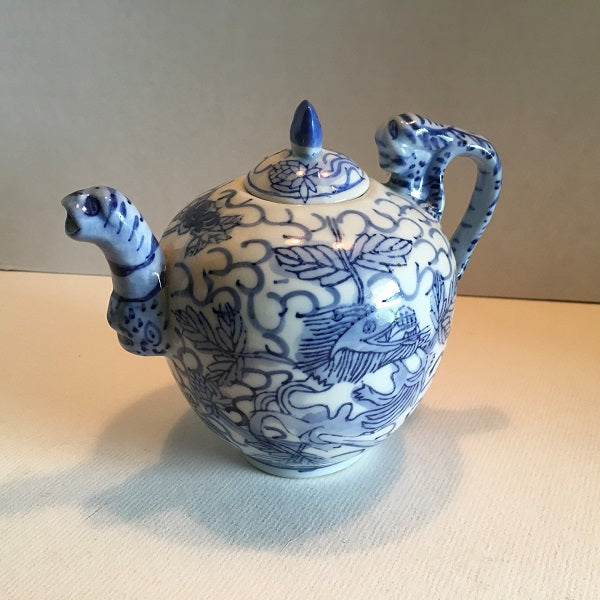 Porcelain Chinese Dragon Teapot Traditional White and Cobalt Blue