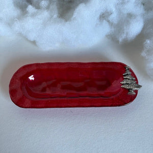 Red Glass Christmas Server Butter Dish with Christmas Tree Spreader