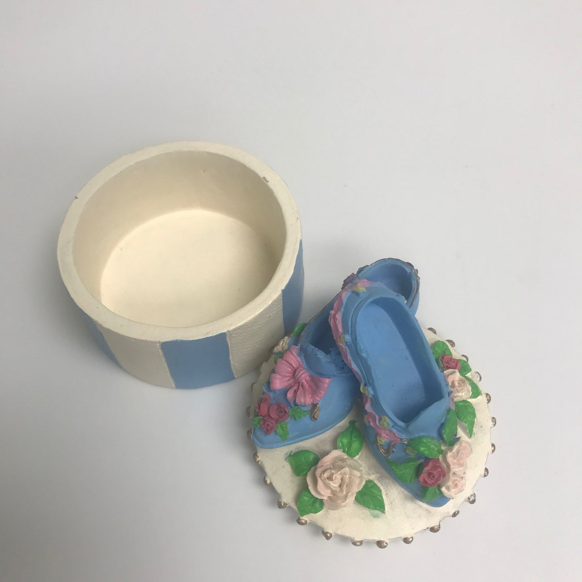 Miniature Collectible Resin Trinket Box With Resin Victorian Shoes On Top