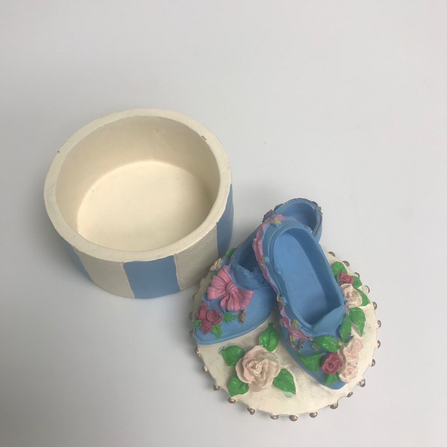 Miniature Collectible Resin Trinket Box With Resin Victorian Shoes On Top