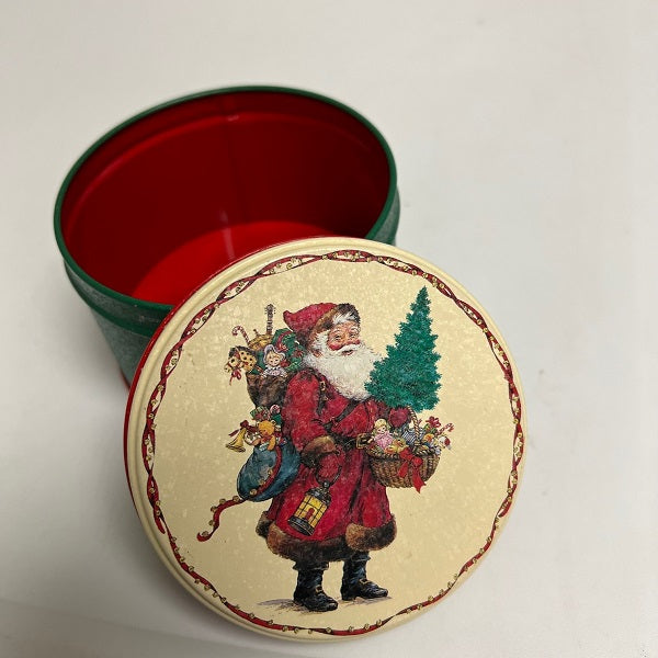 Small Round Christmas Tin Green Santa Claus Potpourri Press Tin 1991