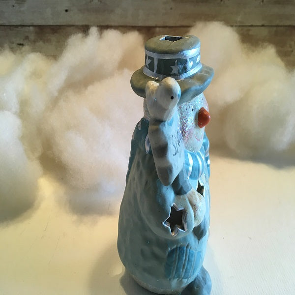 Snowman Tealight Holder Blue Porcelain Candle Holder Christmas 