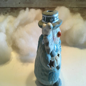 Snowman Tealight Holder Blue Porcelain Candle Holder Christmas 