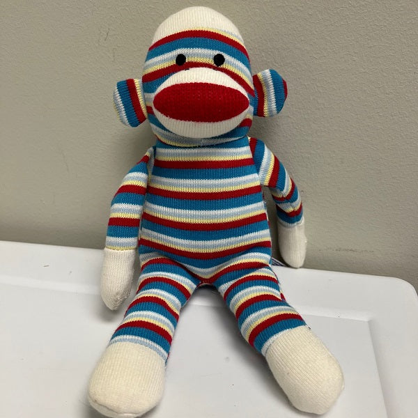 Sock Monkey 12 inch Knitted Plush by Aurora. Colorful Red Yellow Blue White