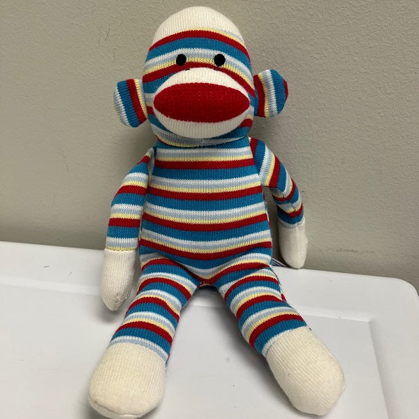 Sock Monkey 12 inch Knitted Plush by Aurora. Colorful Red Yellow Blue Chickenmash Farm