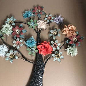 Tree Shape Metal Wall Decor With Colorful Burlap Flowers 