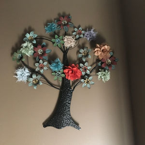 Tree Shape Metal Wall Decor With Colorful Burlap Flowers 