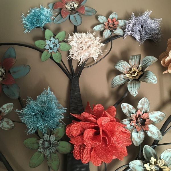 Tree Shape Metal Wall Decor With Colorful Burlap Flowers