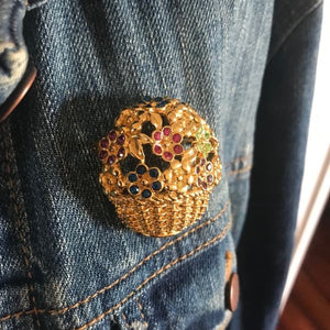 Vintage Anne Klein AK Gold Tone Flower Basket Brooch Colorful Rhinestones
