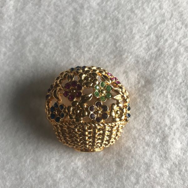 Vintage Anne Klein AK Gold Tone Flower Basket Brooch Colorful Rhinestones