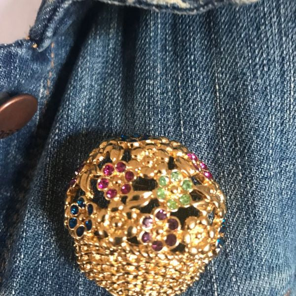 Vintage Anne Klein AK Gold Tone Flower Basket Brooch Colorful Rhinestones