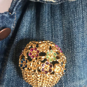 Vintage Anne Klein AK Gold Tone Flower Basket Brooch Colorful Rhinestones