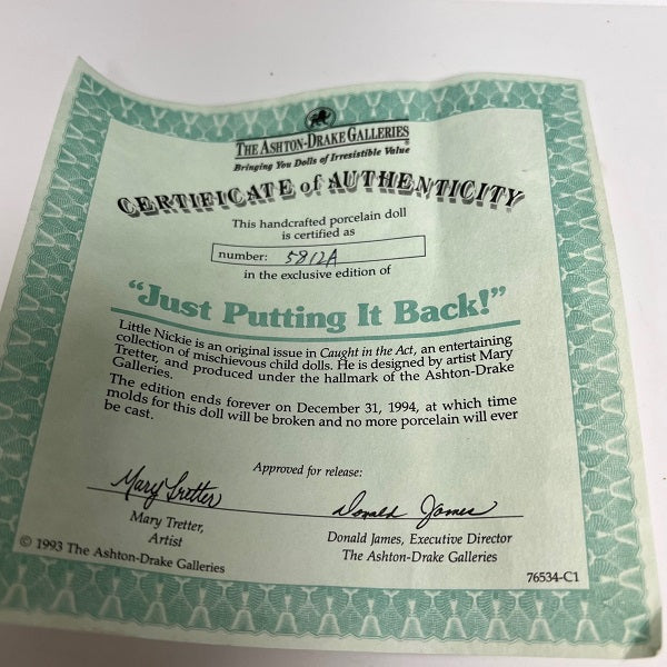 Vintage Ashton Drake Galleries Just Putting it Back Porcelain Doll