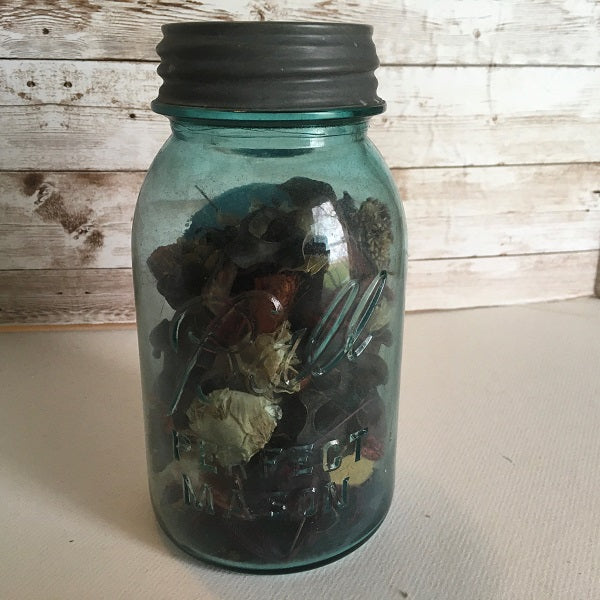 Vintage Blue Quart Ball Mason Jar Decoupage Farm House