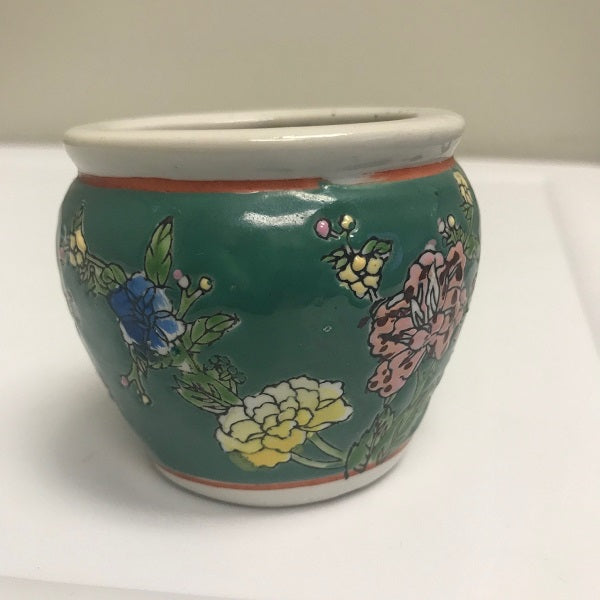 Vintage Botanical Flower Pot Small Asian Floral Design Round Planter