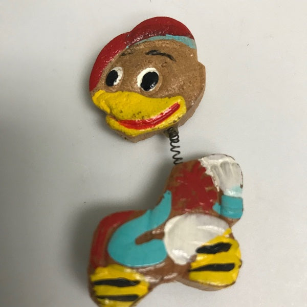 Vintage Carved Wooden Duck Spring Bobble Head Broach Japan