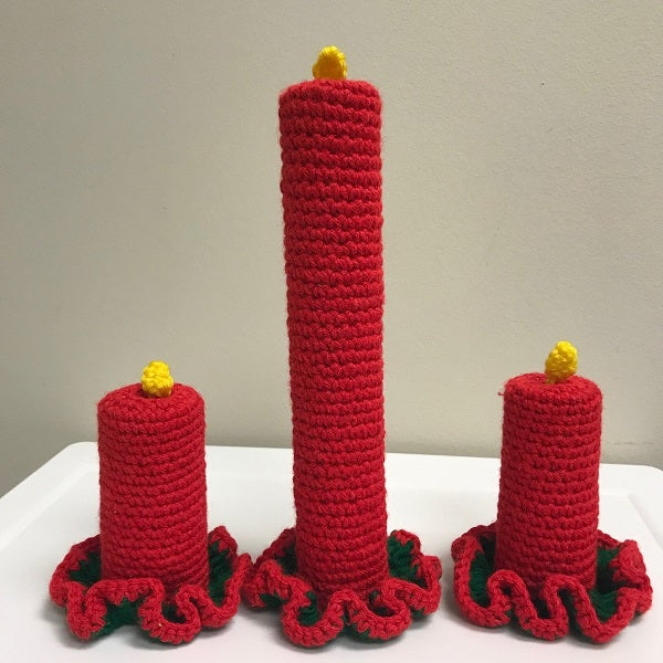 Vintage Christmas Décor Set 3 Hand Crocheted Red Holiday Candles with Flame