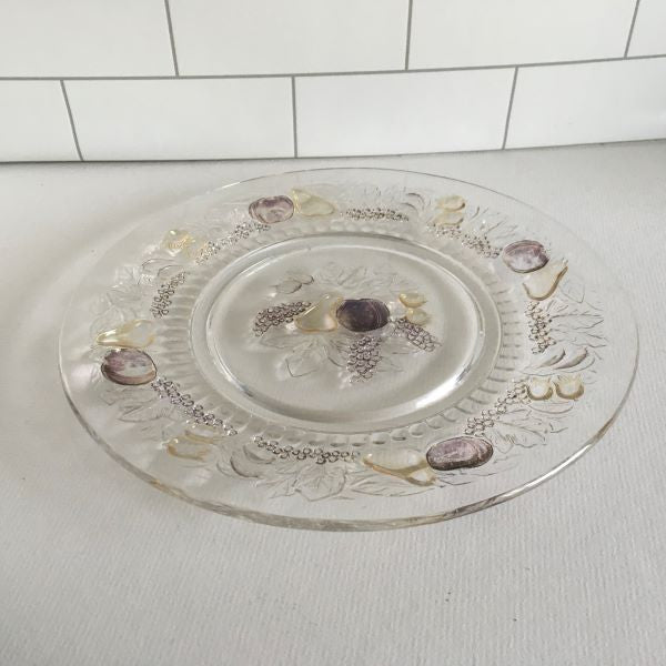Vintage Clear Glass Plate With Embossed Grapes Fruit Leaves Harvest Design