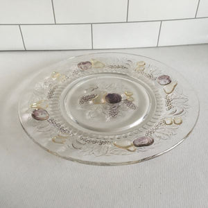 Vintage Clear Glass Plate With Embossed Grapes Fruit Leaves Harvest Design