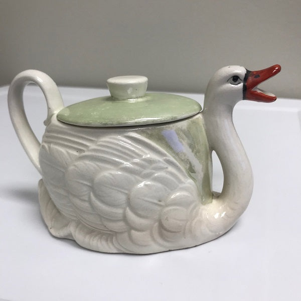 Vintage Czechoslovakia Green Lustre-Ware Ceramic Swan Teapot
