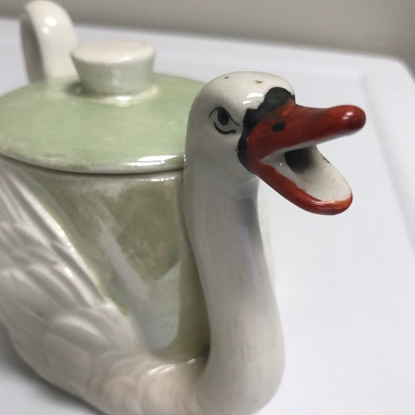 Vintage Czechoslovakia Green Lustre-Ware Ceramic Swan Teapot