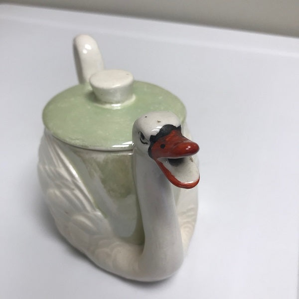 Vintage Czechoslovakia Green Lustre-Ware Ceramic Swan Teapot