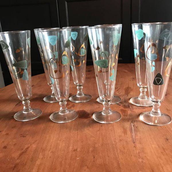 Vintage Federal Amoeba Boomerang Turquoise Pilsner Glasses Set Of 8