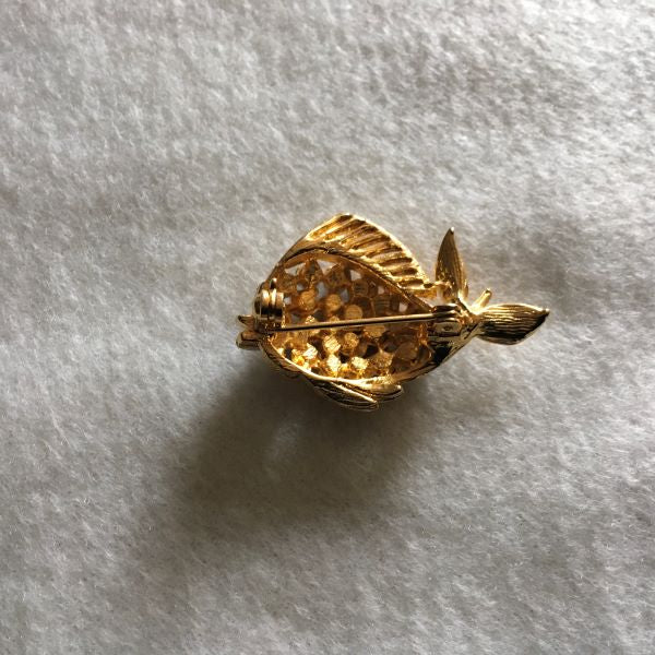 Vintage Fish Brooch Gold Tone With Colorful Rhinestones