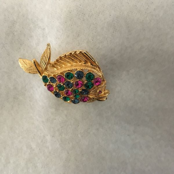 Vintage Fish Brooch Gold Tone With Colorful Rhinestones