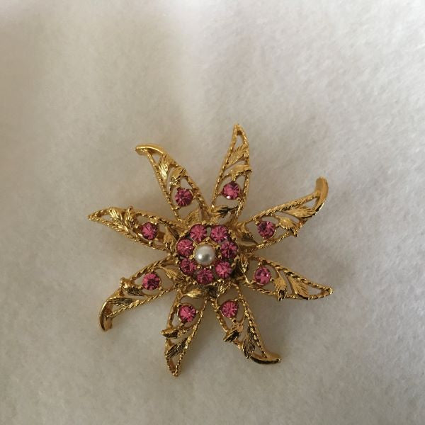 Vintage Flower Starburst Brooch Pink Gems With Gold Color Tone