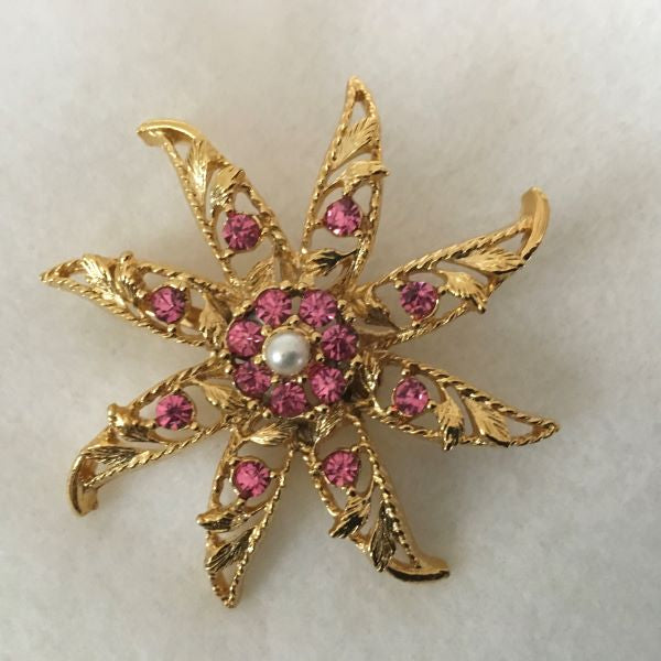Vintage Flower Starburst Brooch Pink Gems With Gold Color Tone
