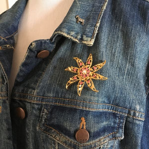 Vintage Flower Starburst Brooch Pink Gems With Gold Color Tone