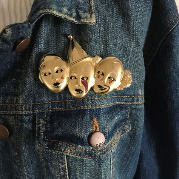 Vintage Gold Tone Trio Clown Brooch Three Clowns Circus Brooch