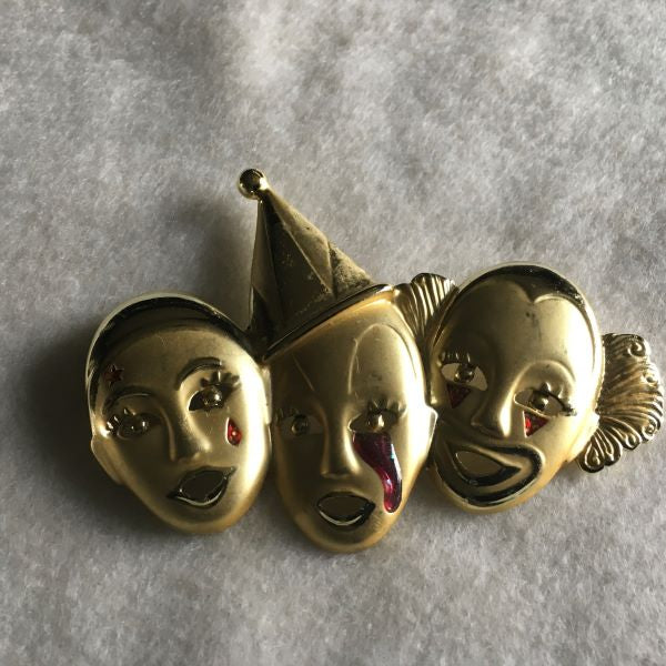 Vintage Gold Tone Trio Clown Brooch Three Clowns Circus Brooch