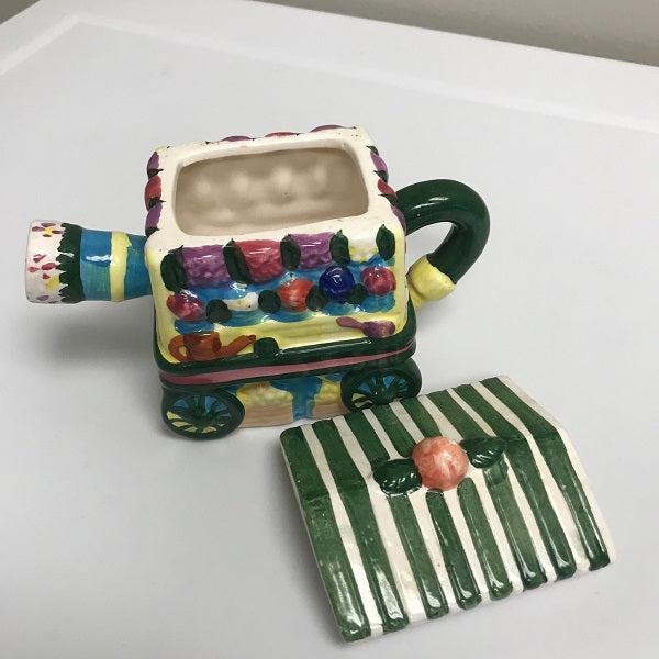 Vintage Porcelain Garden Cart Teapot Houston Foods Colorful Tea Pot
