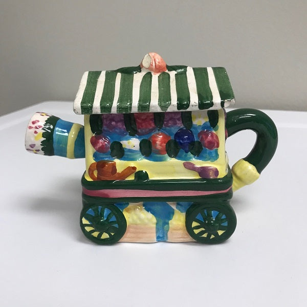 Vintage Porcelain Garden Cart Teapot Houston Foods Colorful Tea Pot