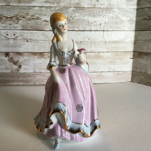 Vintage Porcelain Woman Figurine In Pink Dress Gold Tone Accents