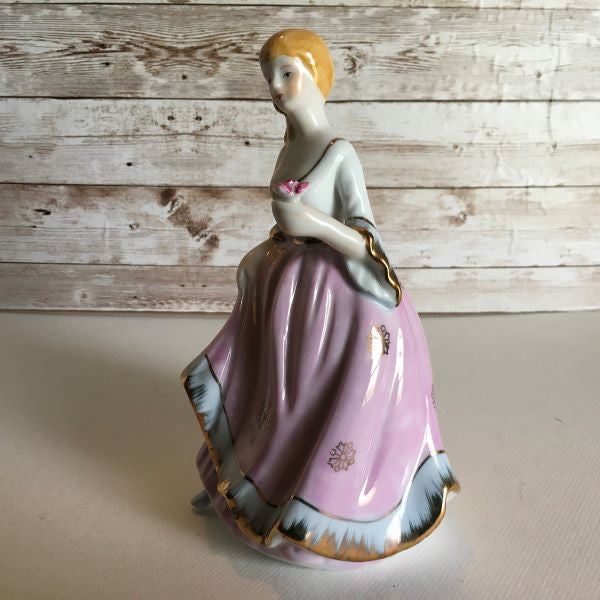 Vintage Porcelain Woman Figurine In Pink Dress Gold Tone Accents