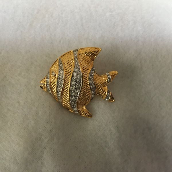 Vintage Retro Fish Brooch Gold Tone With Clear Rhinestones