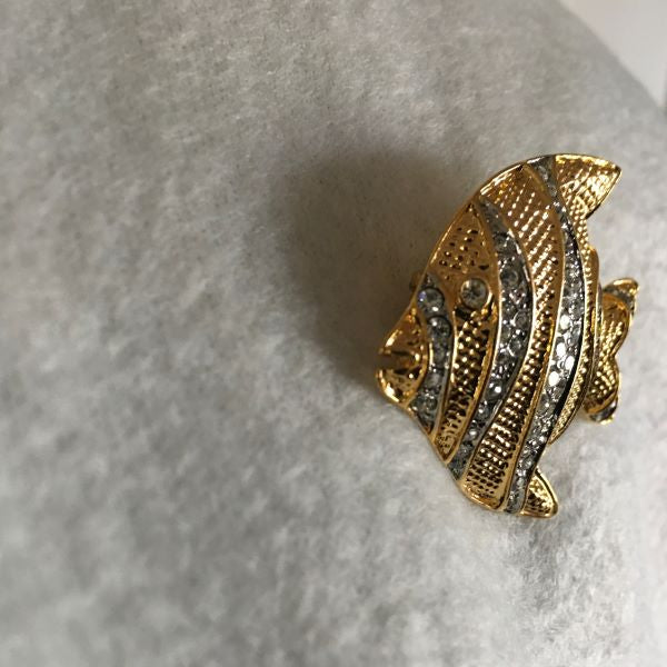 Vintage Retro Fish Brooch Gold Tone With Clear Rhinestones