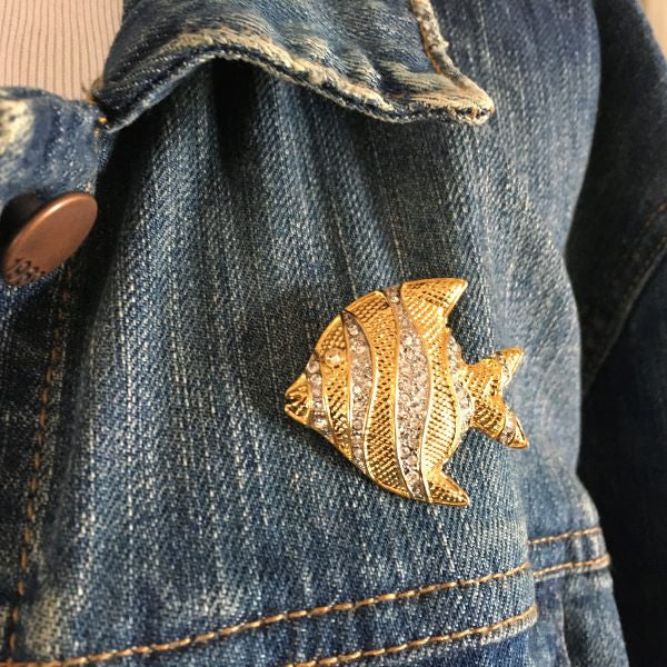 Vintage Retro Fish Brooch Gold Tone With Clear Rhinestones