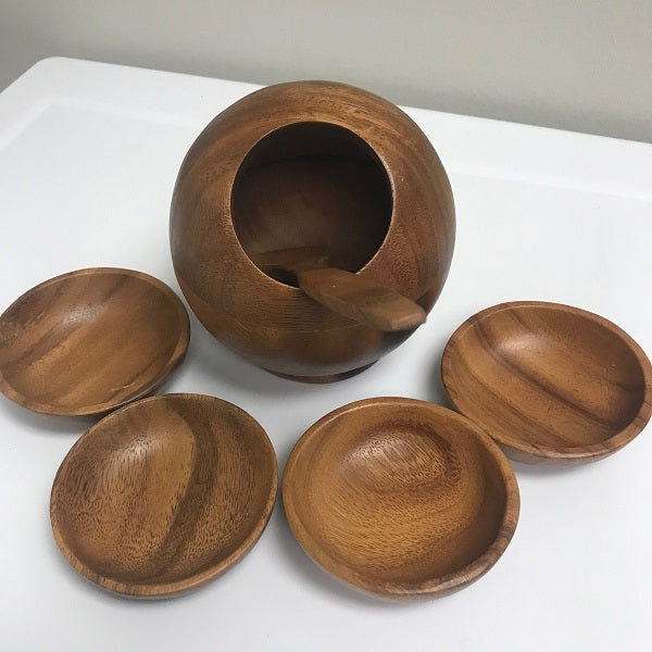 Wooden Orb Sphere Rice Serving Bowl With Spoon & 4 Bowls
