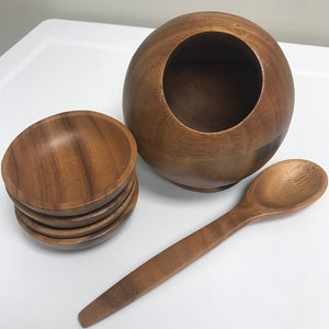 Wooden Orb Sphere Rice Serving Bowl With Spoon & 4 Bowls